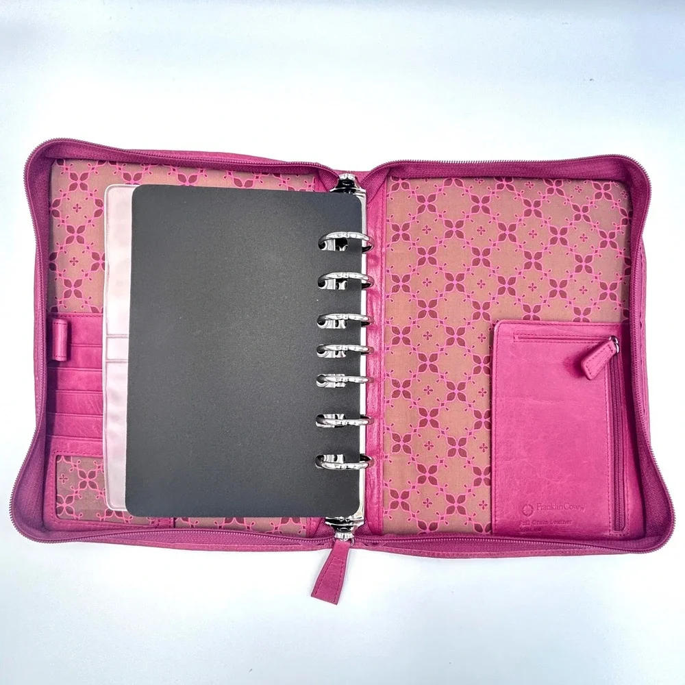 Franklin Covey Full Grain Leather Day Planner Binder Classic 7-Ring Zip Pink Y2K
